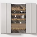 Modern Bookcase Design With Glass Doors Wooden Shelves Built-in Lighting And Decorative Items
