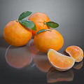 Fresh Whole Oranges With Green Leaves And Peeled Segments On Black Reflective Surface