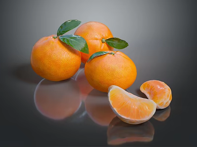 Fresh Whole Oranges With Green Leaves And Peeled Segments On Black Reflective Surface 3d model