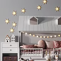 Adorable Children Bed Featuring House Shaped Headboard Star Decals String Lights And Pink Bedding