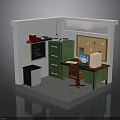 Green Desk Filing Cabinet in Compact Office with Wooden Chair Chalkboard Bulletin Board and Computer