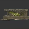 Modern Archaeological Exhibition Display With Dinosaur Skeleton Stone Wall And Green Plants
