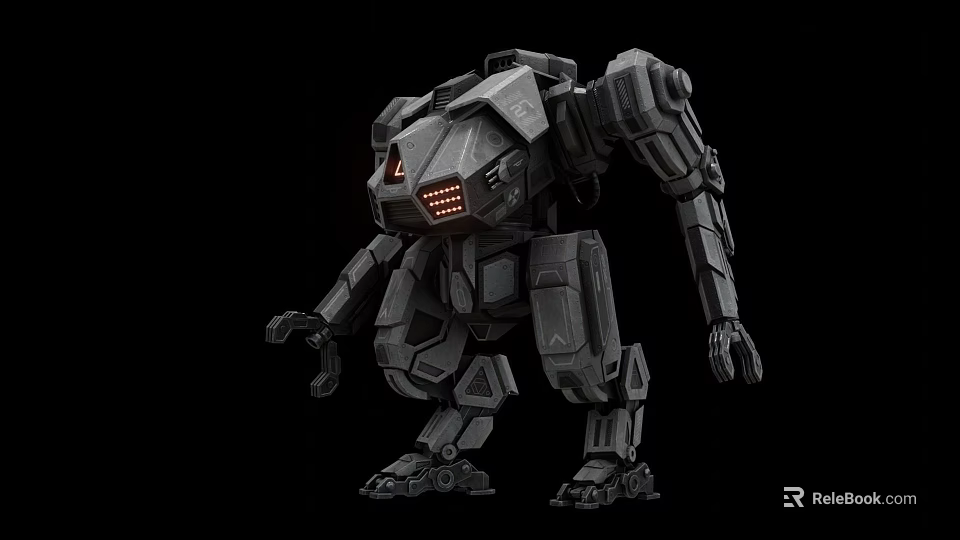 Standing Gray Mechanical Robot Character With Red Eyes And Heavy Duty Armored Structure 3d model 