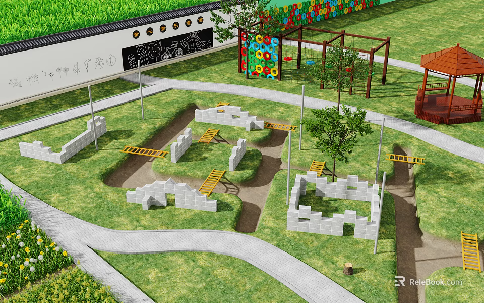 Fun Children's Play Area With Grass Lawn Climbing Structures Colorful Decorations And Chalkboard Wall 3d model 