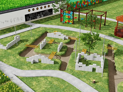 Fun Children's Play Area With Grass Lawn Climbing Structures Colorful Decorations And Chalkboard Wall 3d model