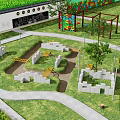 Fun Children's Play Area With Grass Lawn Climbing Structures Colorful Decorations And Chalkboard Wall