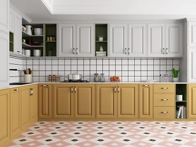 Modern Kitchen Interior With Wooden Cabinets Yellow Countertop And Tile Backsplash 3d model