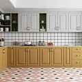 Modern Kitchen Interior With Wooden Cabinets Yellow Countertop And Tile Backsplash