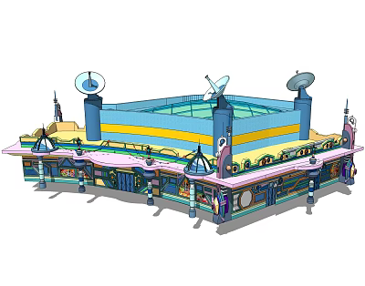 Colorful Building Structure With Multiple Satellite Dishes Blue Roof And Yellow Stripes 3d model