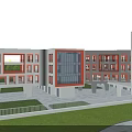 Modern School Building With White And Red Facade Multiple Floors Large Windows Green Lawn Front