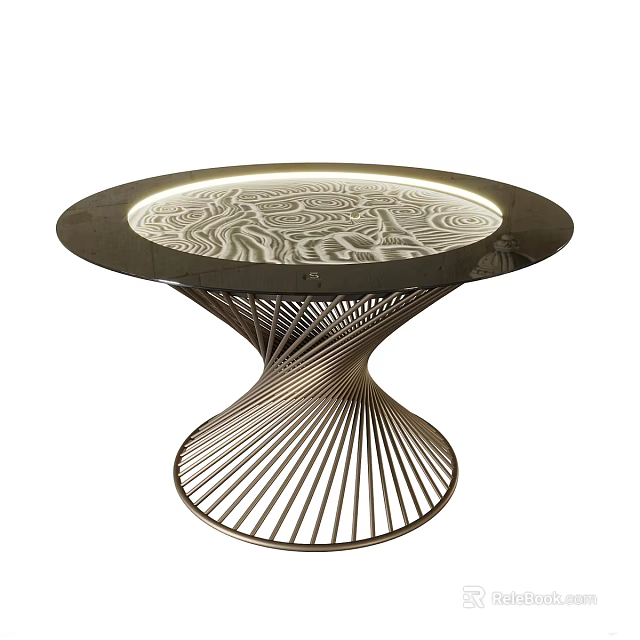Modern Round Dining Table With Glass Top Wavy Pattern Light Edge And Metal Radial Base 3d model 