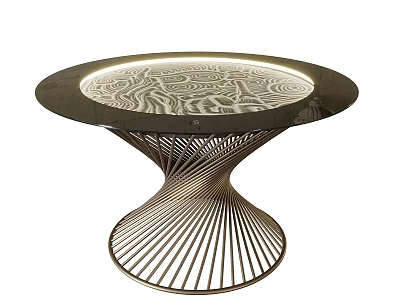 Modern Round Dining Table With Glass Top Wavy Pattern Light Edge And Metal Radial Base 3d model