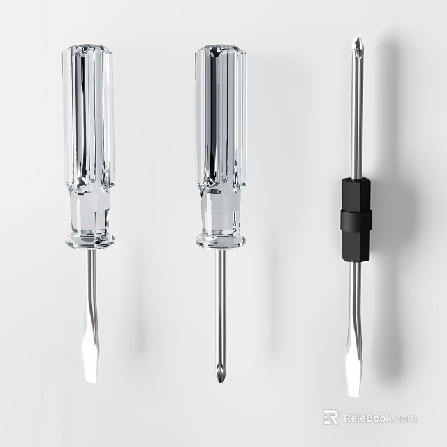 Set of Three Hardware Screwdrivers With Transparent And Black Handles Metal Shafts Various Tips 3d model 
