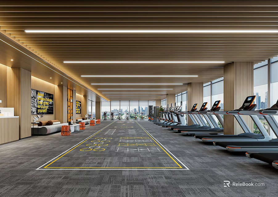 Modern Gym Interior With Treadmills Spacious Space Wooden Elements And Large Windows 3d model 