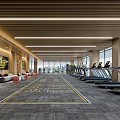 Modern Gym Interior With Treadmills Spacious Space Wooden Elements And Large Windows
