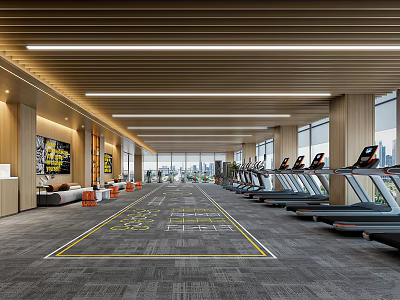 Modern Gym Interior With Treadmills Spacious Space Wooden Elements And Large Windows 3d model