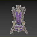 Ornate Throne Chair With Purple Padded Seat Skull Decorations And Metal Carvings