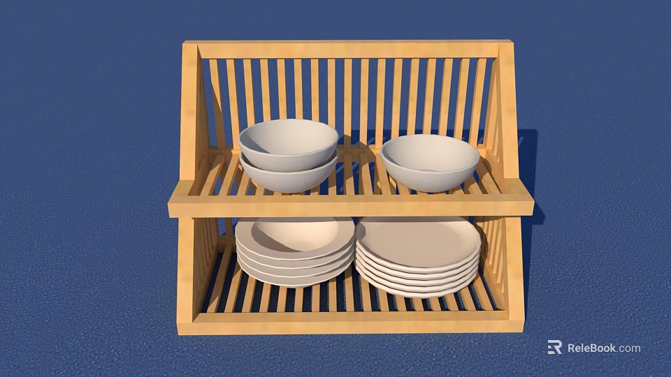 Organized Wooden Two Tier Dinnerware Set With Stacked Bowls And Plates 3d model 