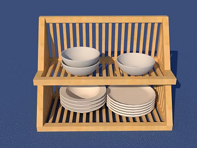 Organized Wooden Two Tier Dinnerware Set With Stacked Bowls And Plates 3d model