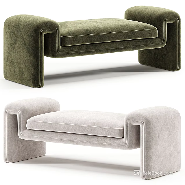 Modern Stylish Sofa Bench with Green and Light Gray Velvet Upholstery Unique Armrest Structure 3d model 