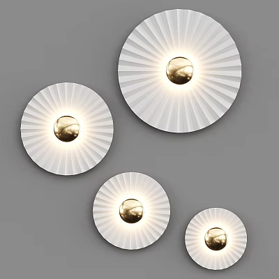 Modern Circular White Wall Lamps With Radial Stripes And Gold Bulbs On Gray Wall 3d model