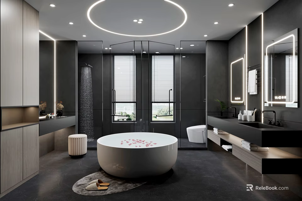 Modern Bathroom Interior Design With White Bathtub Round Ceiling Light And Double Vanity Sinks 3d model 