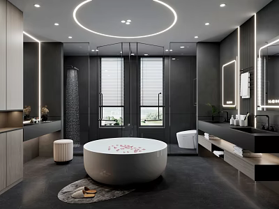Modern Bathroom Interior Design With White Bathtub Round Ceiling Light And Double Vanity Sinks 3d model