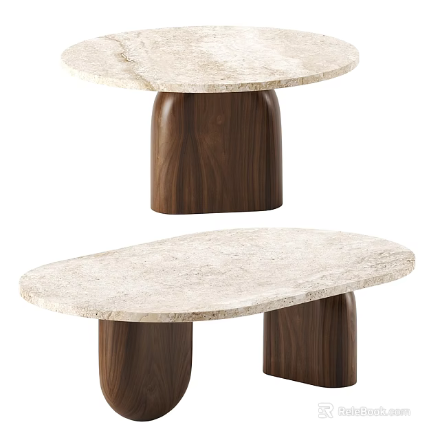 Modern Round And Oval Dining Tables With Light Marble Top And Dark Wooden Legs 3d model 