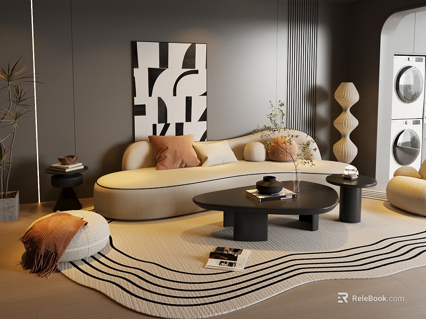 Modern Beige Sofa and Black Coffee Table Set with Geometric Art Wavy Rug and Throw Pillows 3d model 