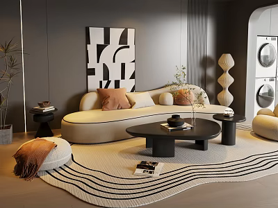 Modern Beige Sofa and Black Coffee Table Set with Geometric Art Wavy Rug and Throw Pillows 3d model
