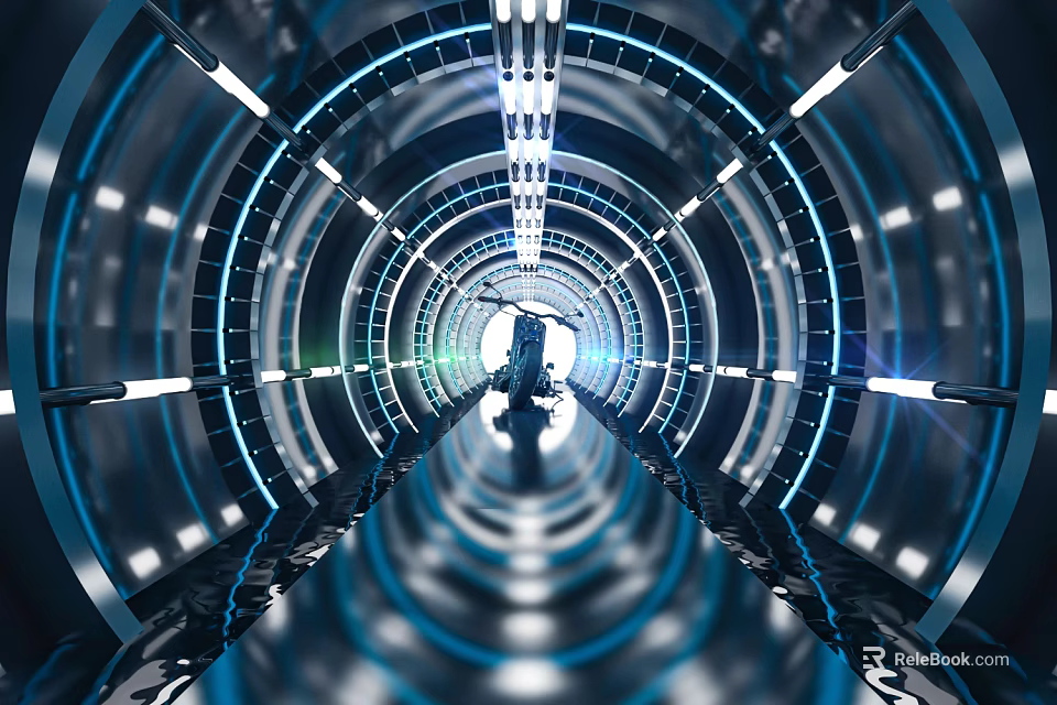 Futuristic Road Infrastructure Tunnel With LED Lighting And Reflective Metallic Surface 3d model 