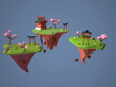 Cartoon Scenery With Floating Islands Traditional Buildings Cherry Blossom Trees And Green Grass 3d model