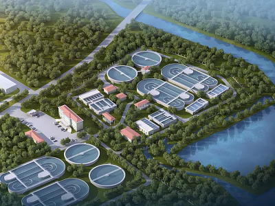 Modern Industrial Plant With Circular Structures Lush Greenery And River Surroundings 3d model
