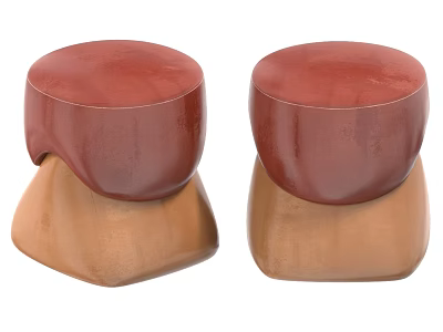 Two Rounded Sofa Stools with Red Top and Brown Base Design 3d model
