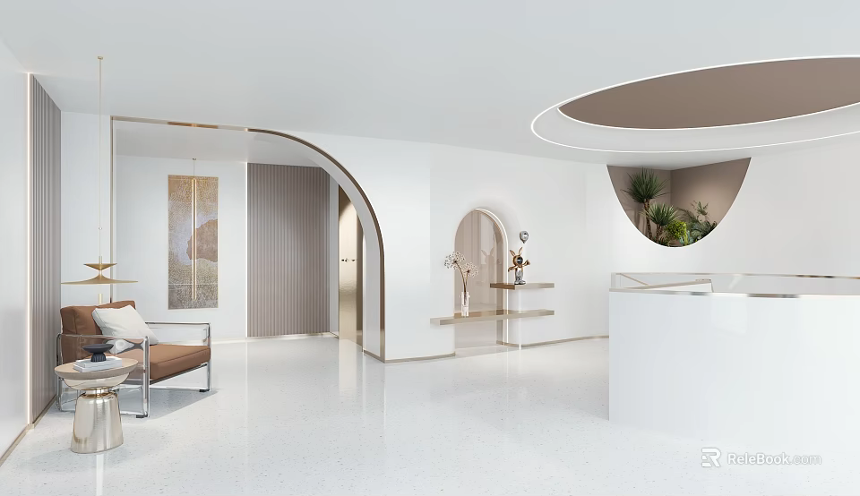 Modern Luxury Clothing Store Open White Interior With Curved Design And Green Plants 3d model 
