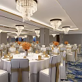 Luxurious Banquet Hall Interior Design With Elegant Chandeliers White Tablecloths And Patterned Carpet