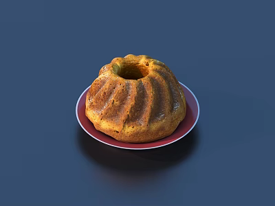 Golden Brown Bundt Cake on Red Plate with Blue Background and Swirled Texture 3d model