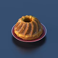 Golden Brown Bundt Cake on Red Plate with Blue Background and Swirled Texture