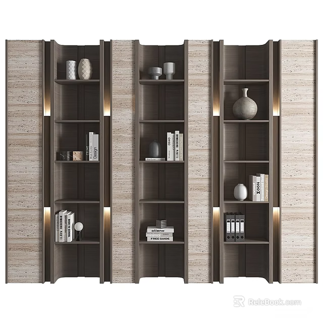 Tall Modern Wooden Bookcases With Built in Lighting Books And Decorative Vases 3d model 