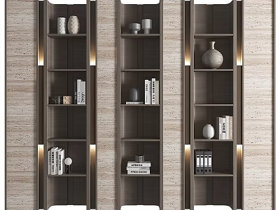 Tall Modern Wooden Bookcases With Built in Lighting Books And Decorative Vases 3d model
