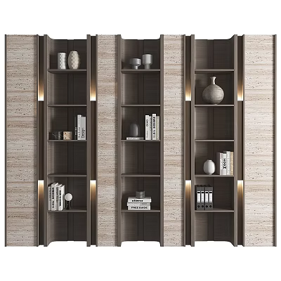 Tall Modern Wooden Bookcases With Built in Lighting Books And Decorative Vases 3d model