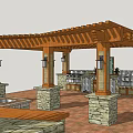 Wooden Pergola with Stone Pillars Hanging Lanterns Outdoor Kitchen Grill and Cabinets on Paved Patio