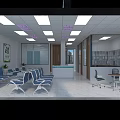 Bright Modern Waiting Area Featuring Blue White Chairs Reception Desk Glass Partitions And Square Lights
