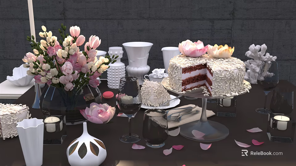 Delicious Layered Cream Cake With Sliced Piece Decorative Flowers Vases Wine Glasses And Petals 3d model 