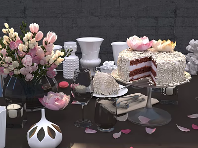 Delicious Layered Cream Cake With Sliced Piece Decorative Flowers Vases Wine Glasses And Petals 3d model