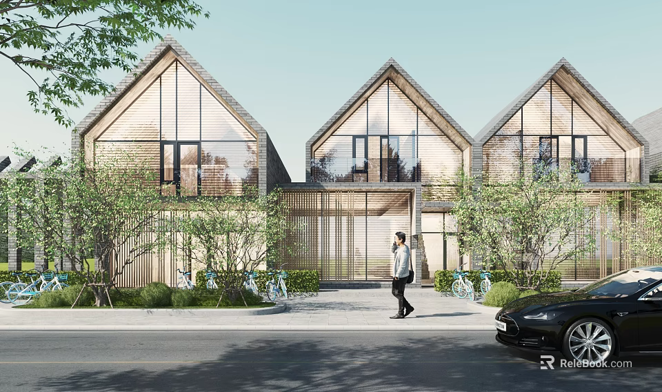 Modern Detached Villa Exterior With Wooden Glass Facade Triangular Roof Front Greenery Driveway And Car 3d model 