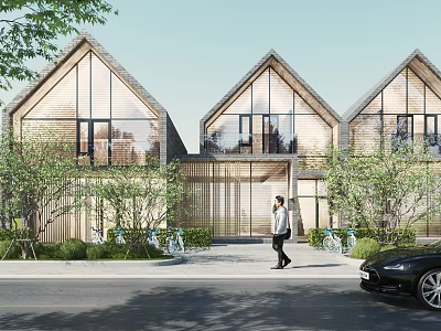 Modern Detached Villa Exterior With Wooden Glass Facade Triangular Roof Front Greenery Driveway And Car 3d model