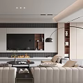 Modern Living Room Interior With White Sofas TV Wall Fireplace And Floor Lamp