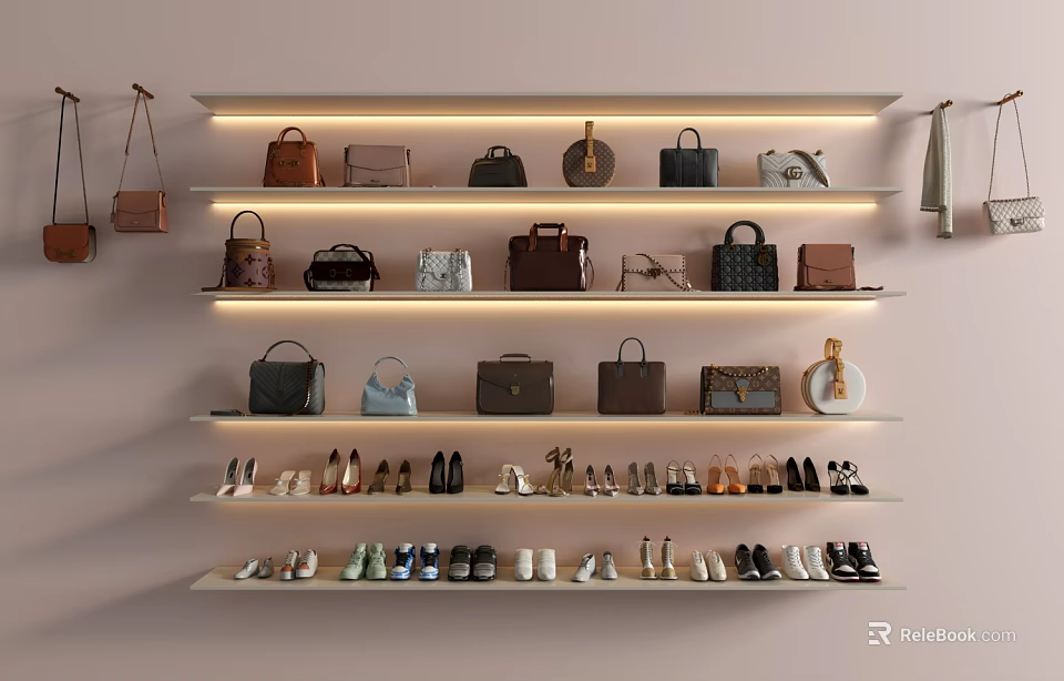 Elegant Various Style Handbags in Different Colors on Wall Shelves with Shoes 3d model 