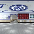 Elegant Public Hall Interior With Blue White Decorations Ceiling Patterns And Red Electronic Screen 3d model